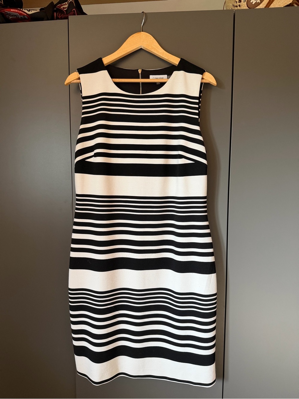 Calvin Klein Black and White Striped Midi Dress
